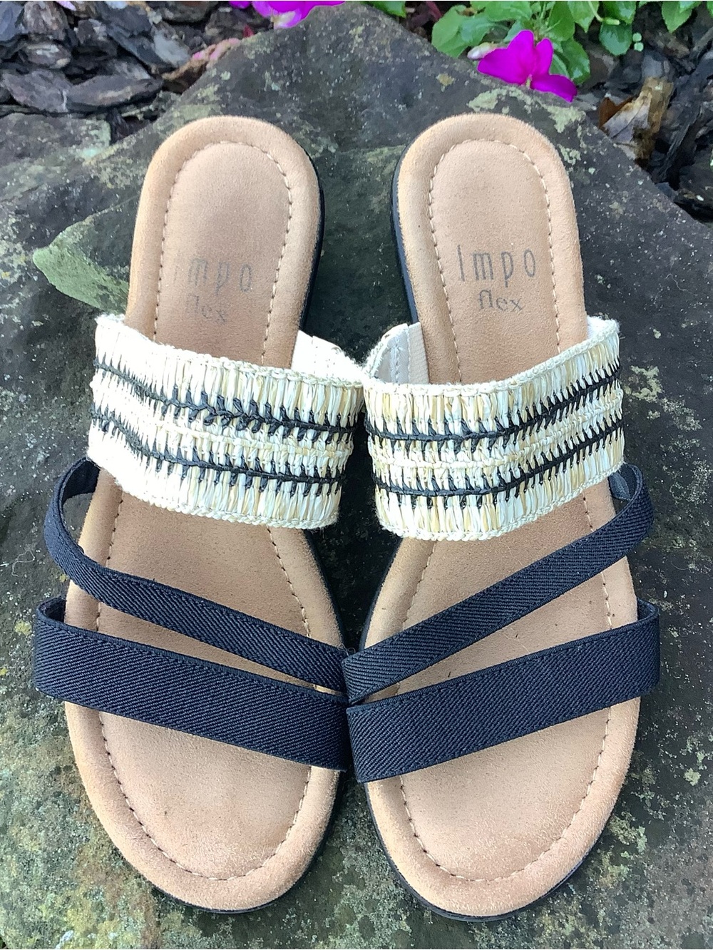 IMPO Women's Beige and Black Woven Strap Flat Sandals - Size 6M